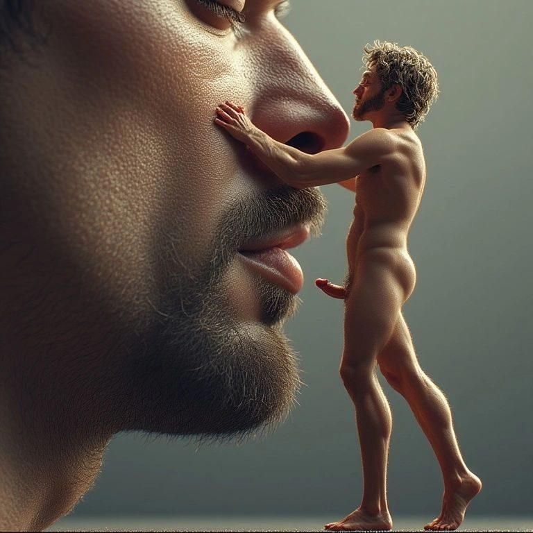 A tiny naked man leaning against the lips of a giant bearded man's face