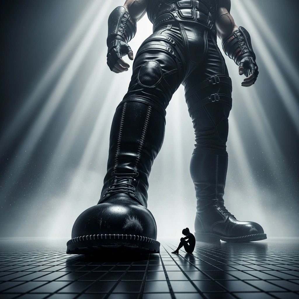 A giant in black leather and boots towering over a tiny man sitting hunched on the floor