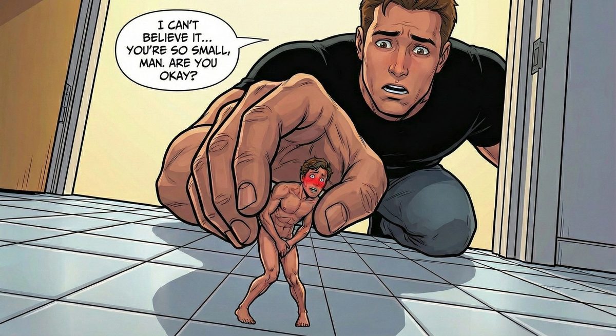 Comic panel of a shocked man in black kneeling to reach for a tiny naked man on a tiled floor