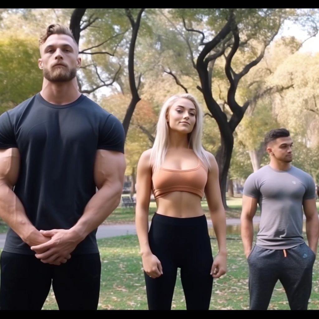 A tall muscular man, a blonde woman and a shorter man in a T-shirt standing in an autumn park