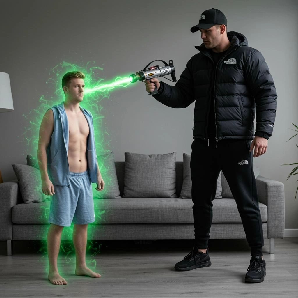 man shrinking another man with a shrink ray gun