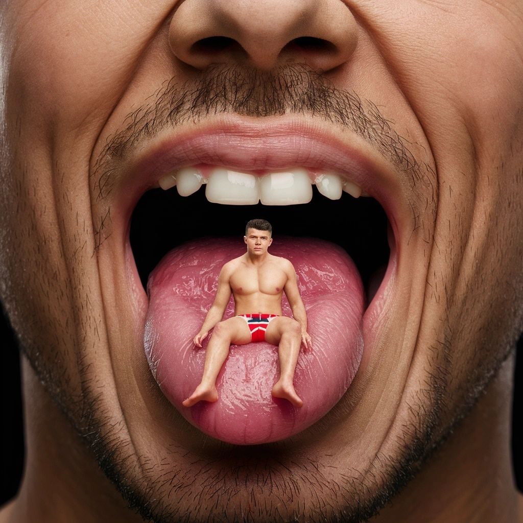 tiny shrunken man sitting on a bigger man's tongue