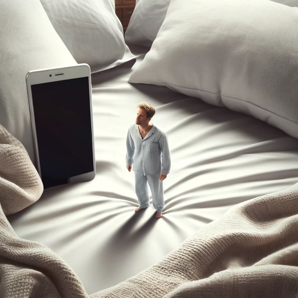Tiny man shrunk in his bed beside his phone