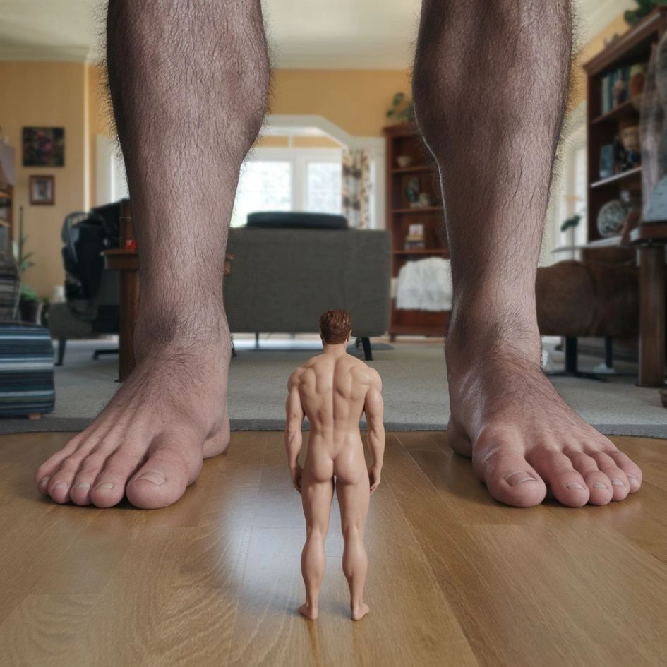 Shrunken man at bigger man's feet