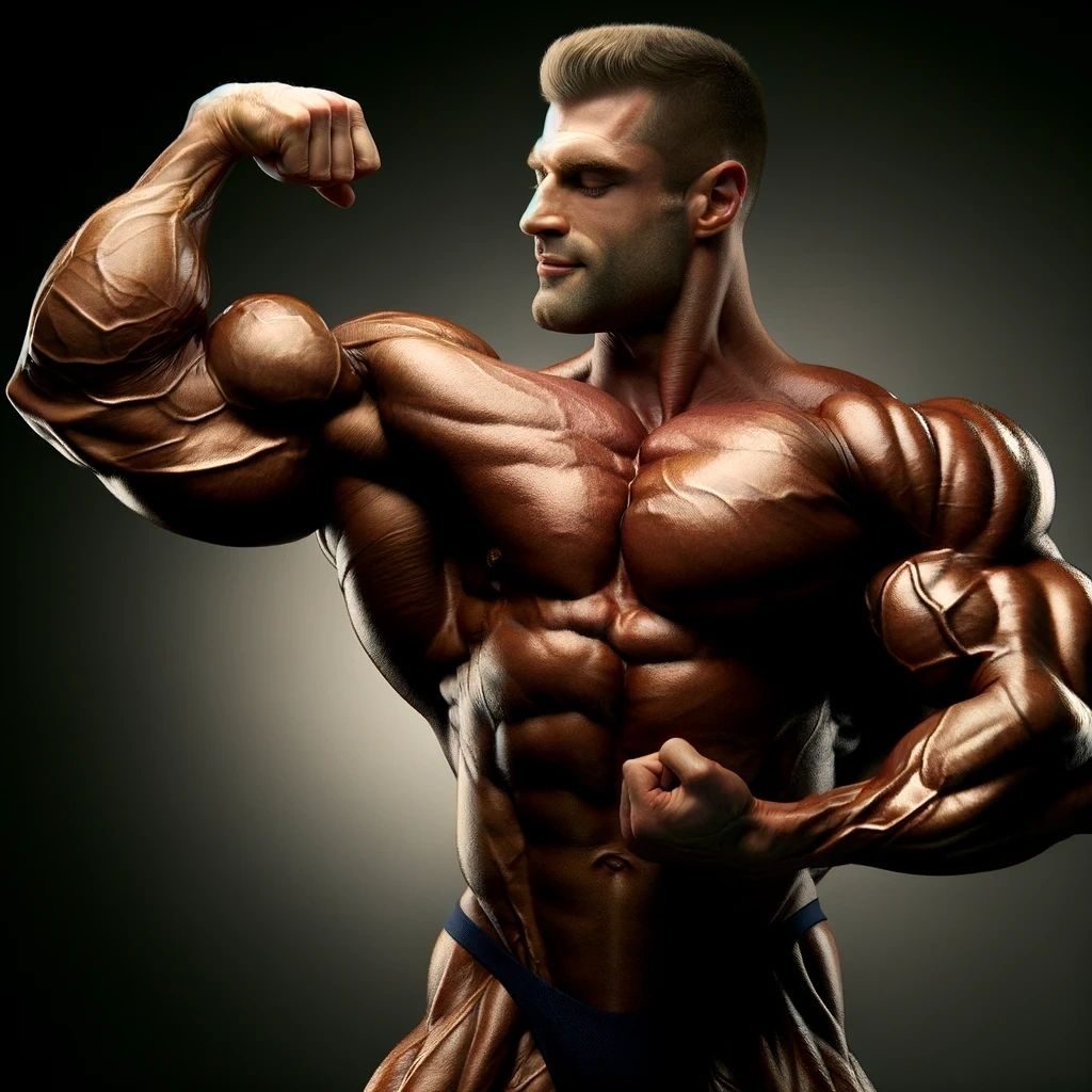 A tanned bodybuilder flexing his huge biceps against a dark background