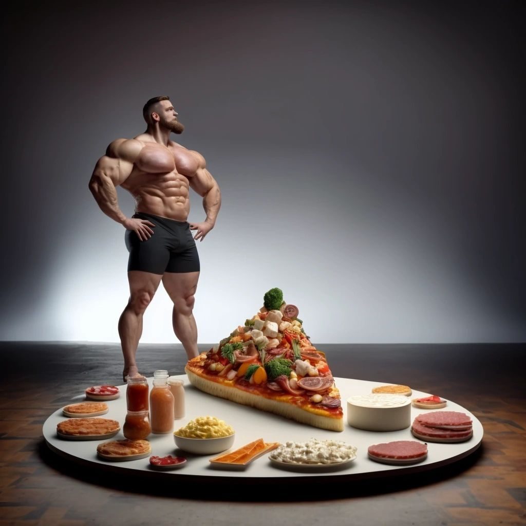A tiny bodybuilder in black shorts standing on a plate beside a giant slice of pizza