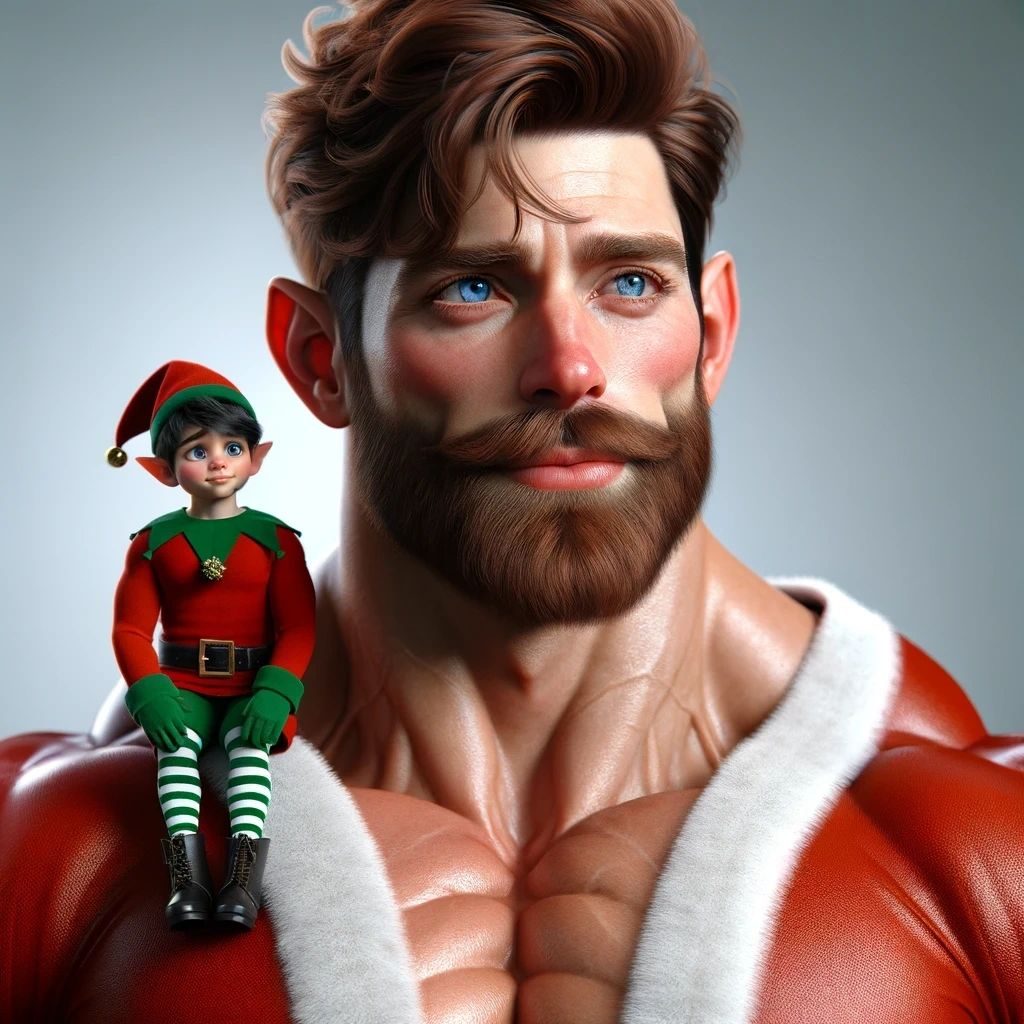 A tiny Christmas elf sitting on the shoulder of a giant muscular bearded Santa