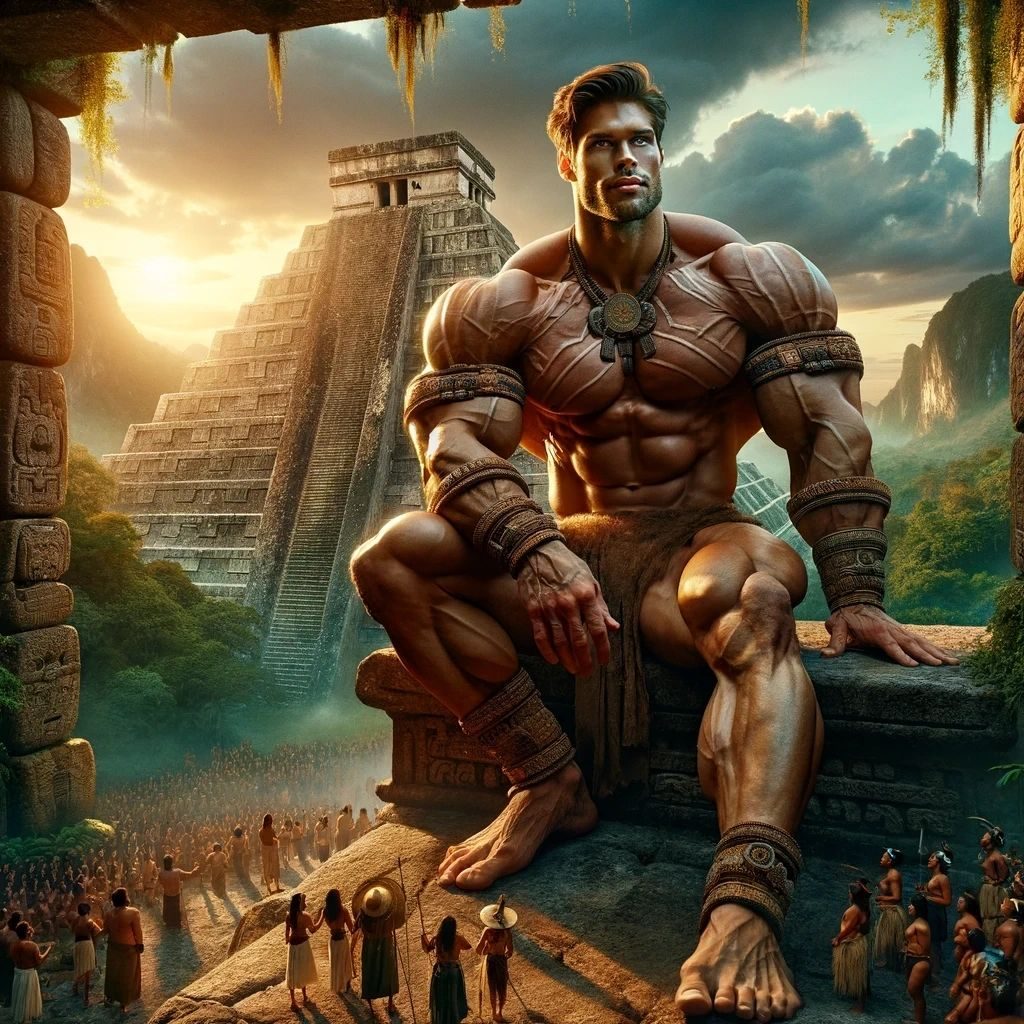 A giant muscular warrior seated on a Mayan pyramid as tiny people gather below