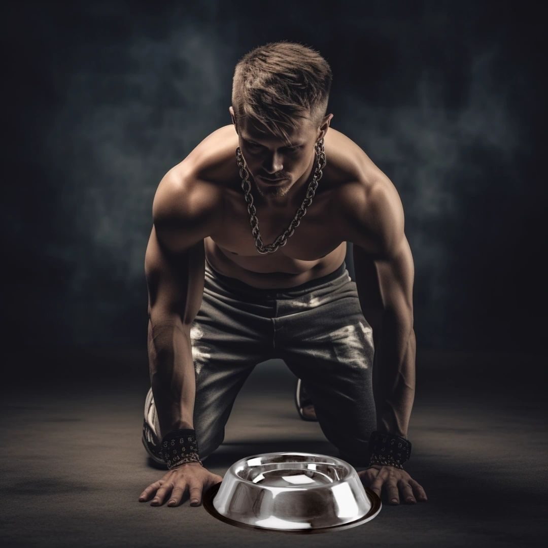 A shirtless man in chains kneeling on all fours beside a metal dog bowl