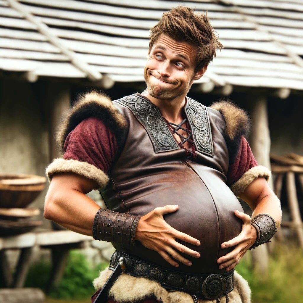 A smiling Viking with a huge round belly, cradling it with both hands outside a hut