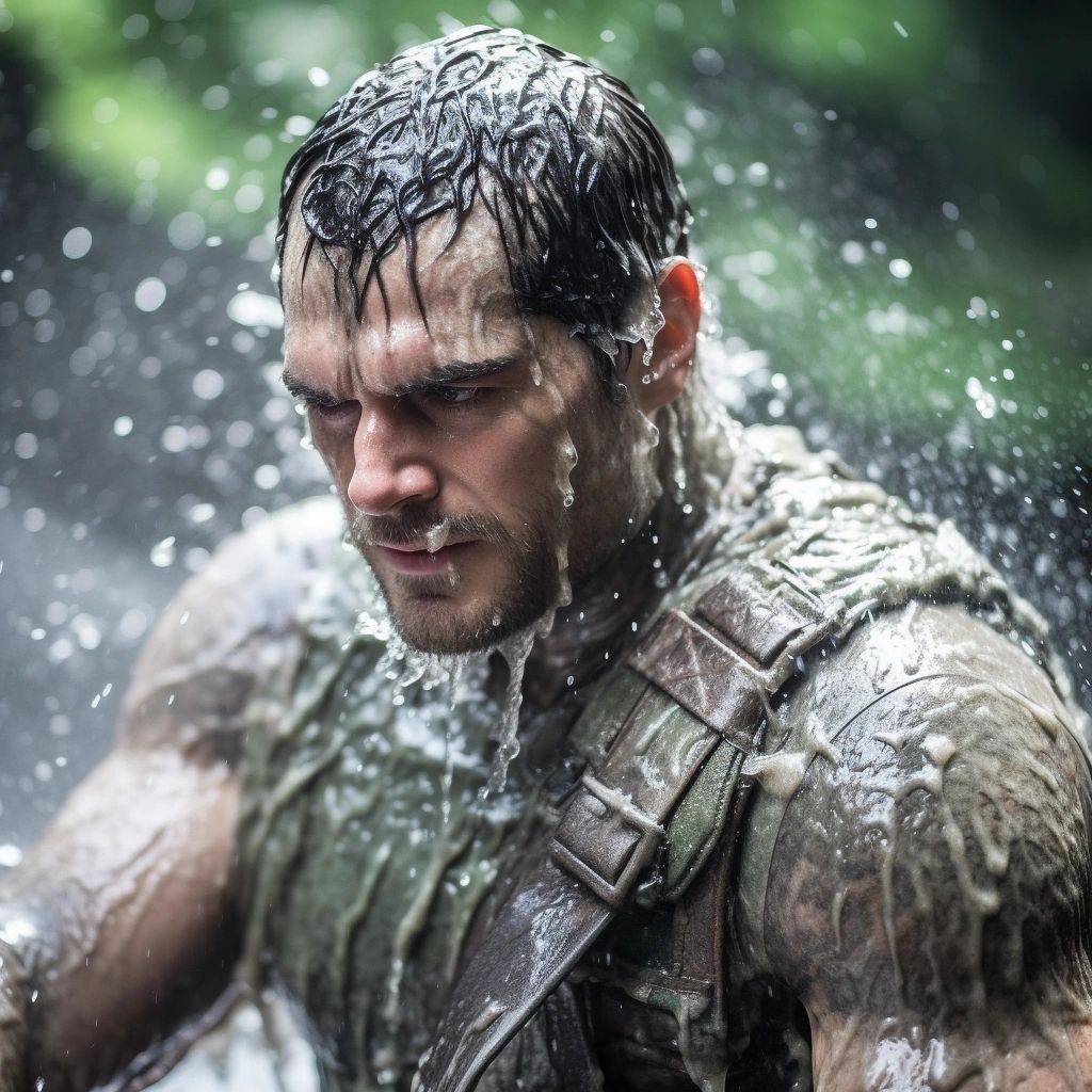 A rugged muscular man drenched by pouring water, wearing a soaked vest