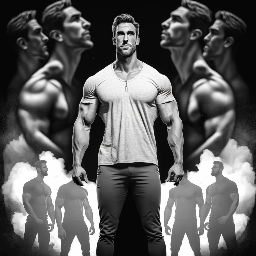 Black-and-white scene of a muscular man in a T-shirt surrounded by giant and smaller muscular men