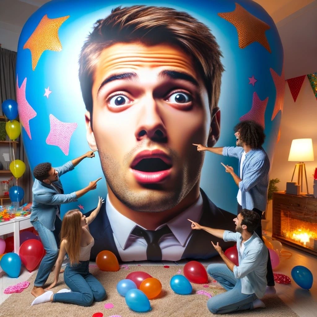 A shocked man inflated like a giant balloon at a party while friends point and laugh