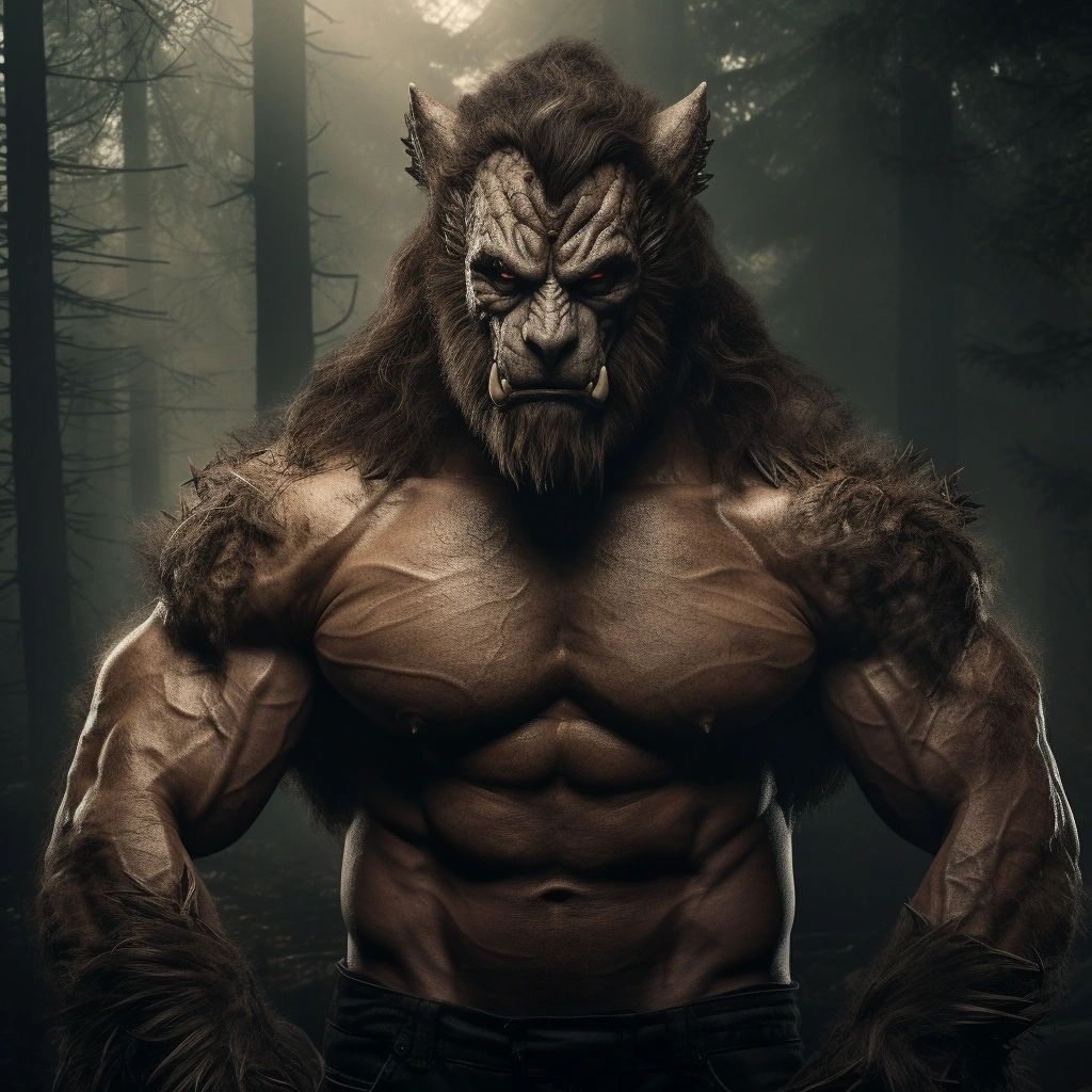 A muscular werewolf standing in a dark misty forest