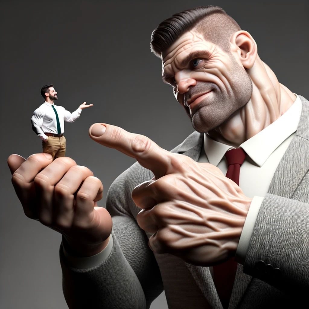 A giant smirking businessman pointing at a tiny businessman standing on his hand