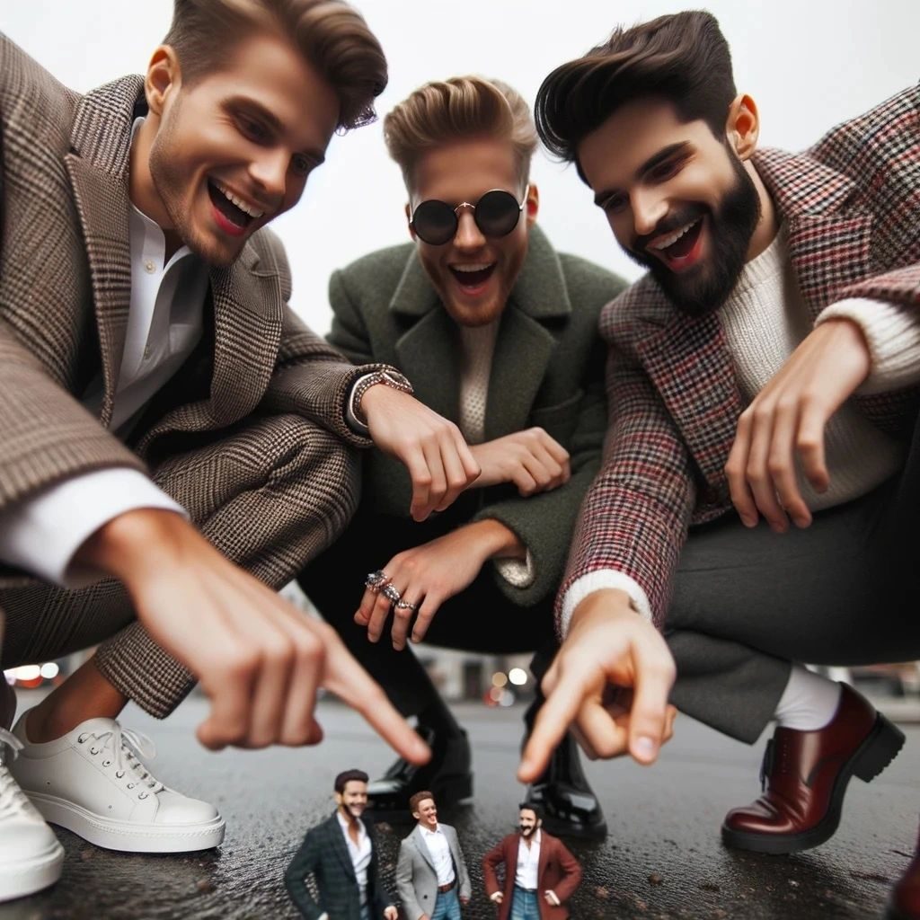 Three laughing men in tweed jackets crouching and pointing at tiny men in suits on the pavement