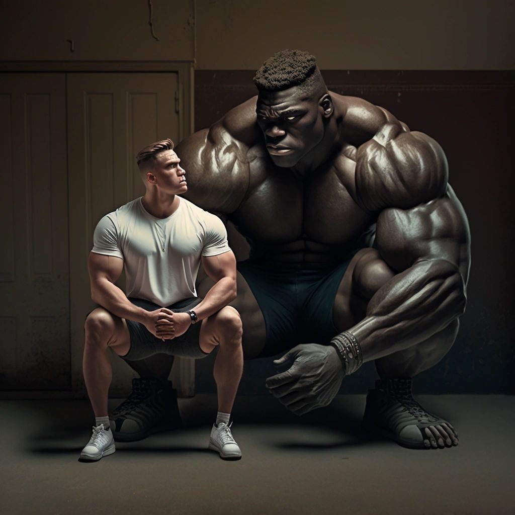 A man in a T-shirt squatting beside a hulking giant muscle man in a dim room