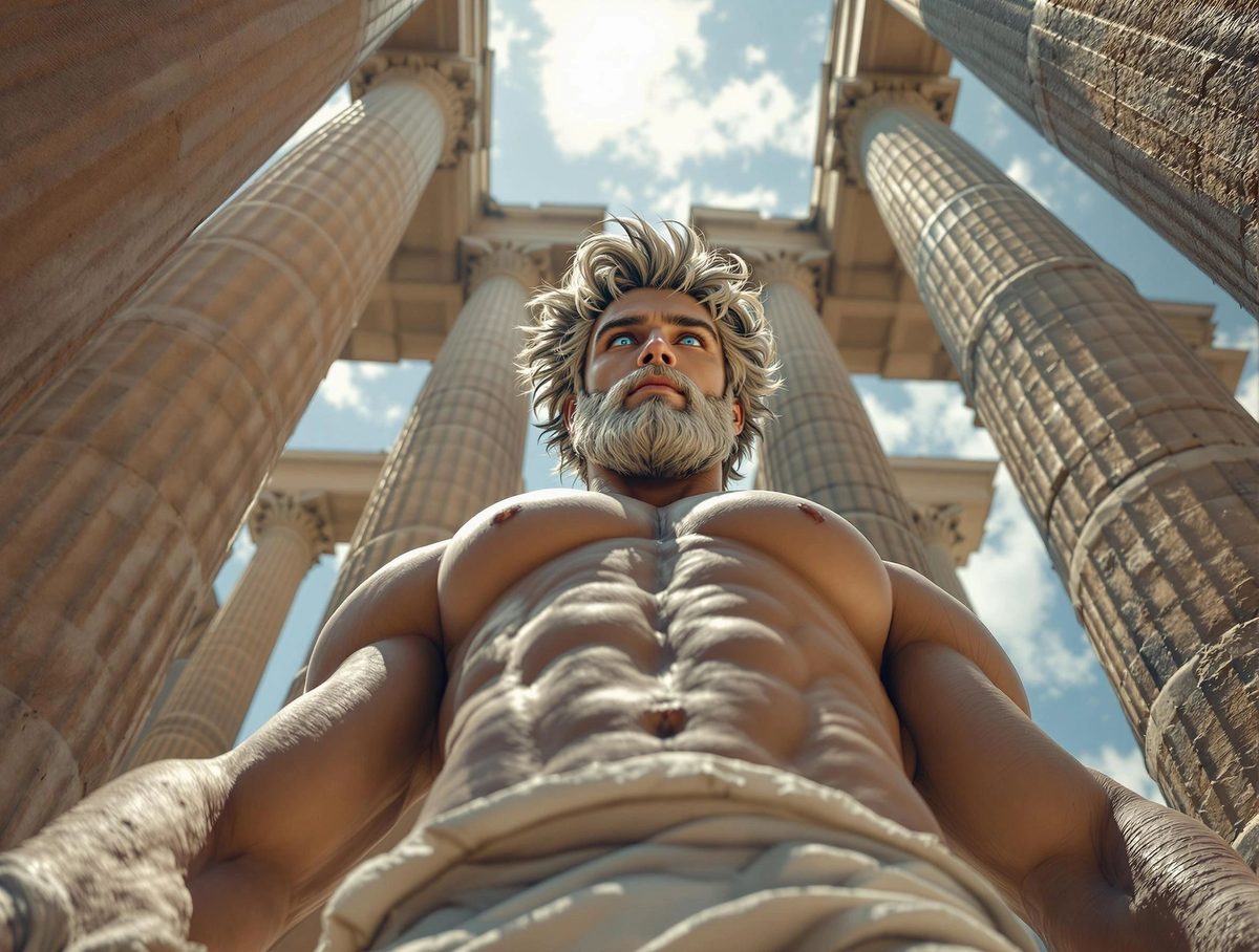 Low-angle view of a giant bearded muscular god towering between Greek columns