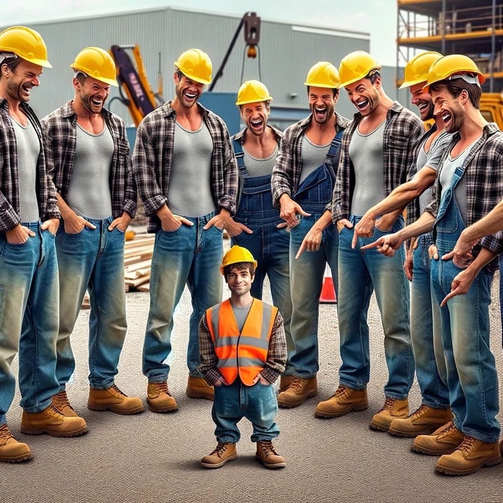 Builders in hard hats laughing and pointing at a tiny builder in a hi-vis vest on site