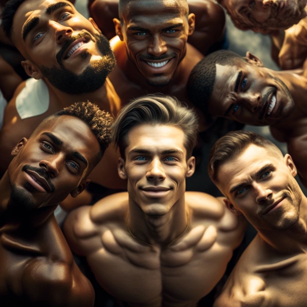 A group of grinning shirtless muscular men crowding together for a selfie from above
