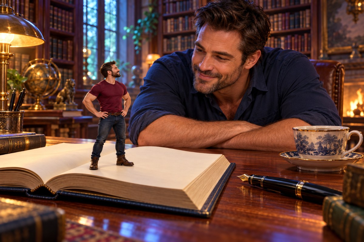A bearded adult man reads in an armchair as a magical world with a giant man unfolds beside him.
