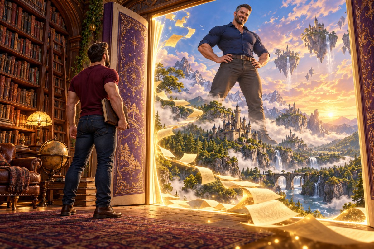 A miniature adult man stands on an open book, smiling up at a much larger man across a library desk.