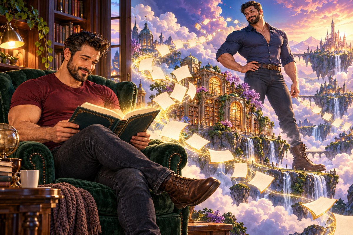 An adult reader looks through a glowing book-shaped doorway into a landscape watched over by a friendly giant.