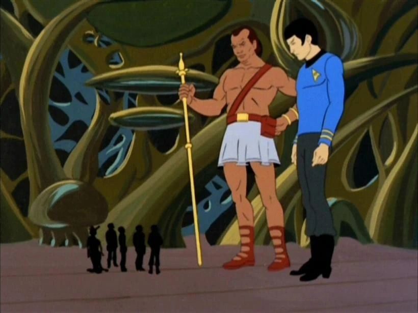 Animated Star Trek scene of Spock and a tall alien warrior beside tiny silhouetted crewmen