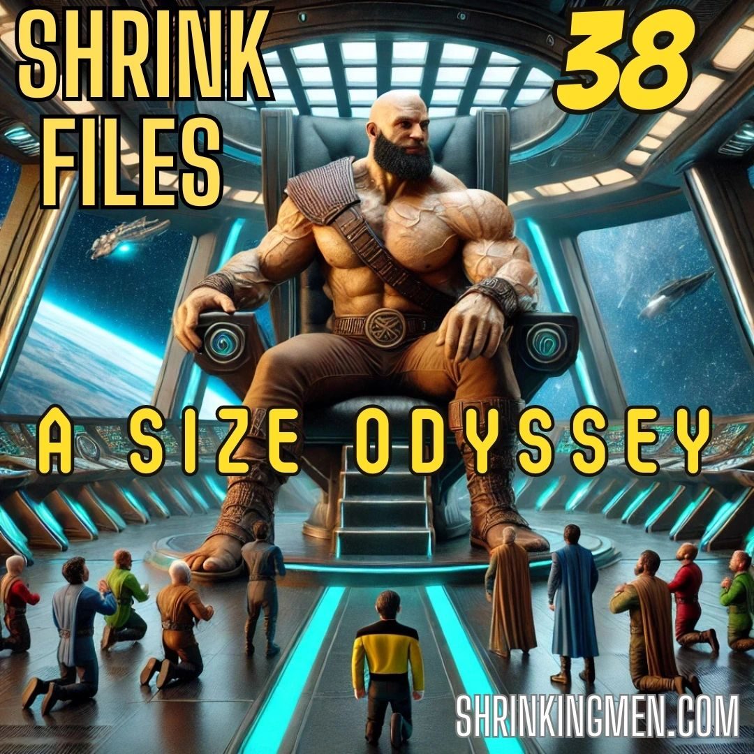 Cover of Shrink Files 38: A Size Odyssey, a giant bearded muscle man on a starship throne above tiny crew