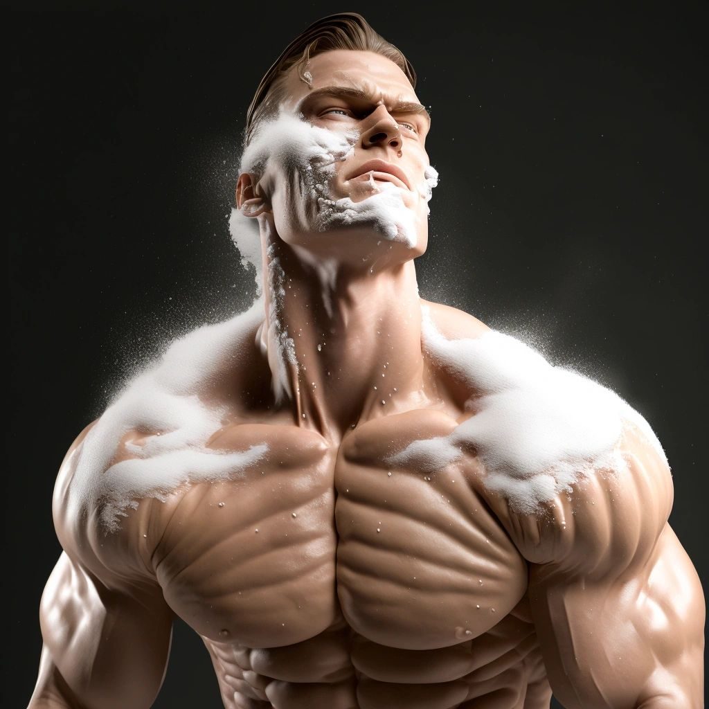A muscular shirtless man with white lather on his face, neck and shoulders