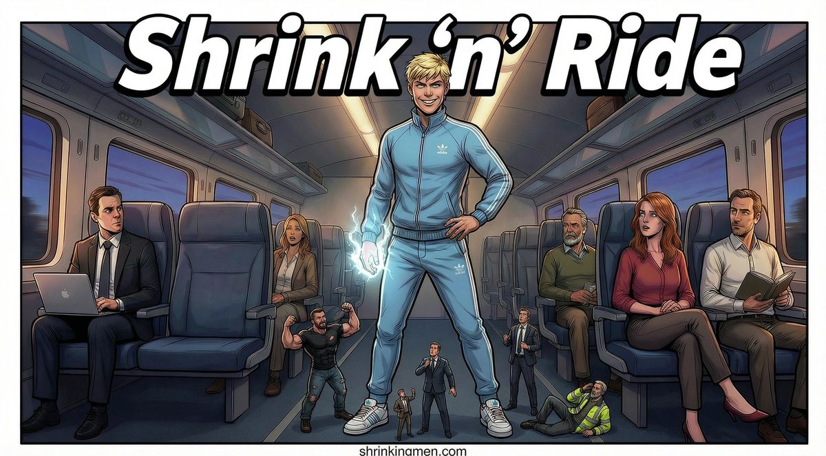 Shrink 'n' Ride: a man in a blue tracksuit on a train, tiny shrunken passengers at his feet