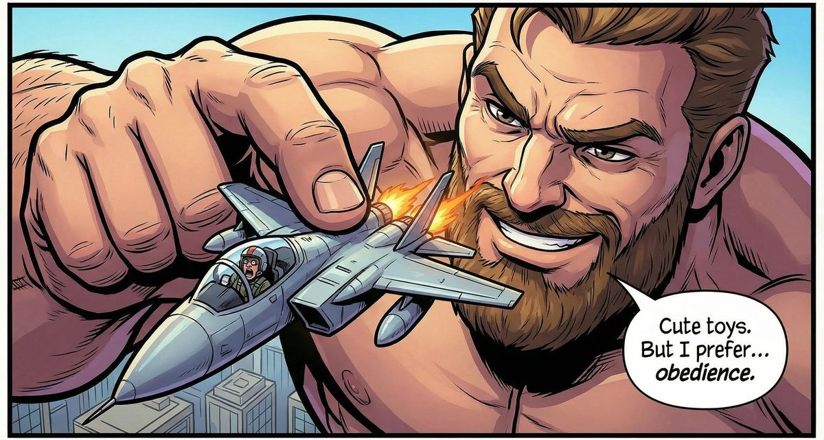 Comic panel of a giant bearded man holding a tiny fighter jet: "Cute toys. But I prefer... obedience."