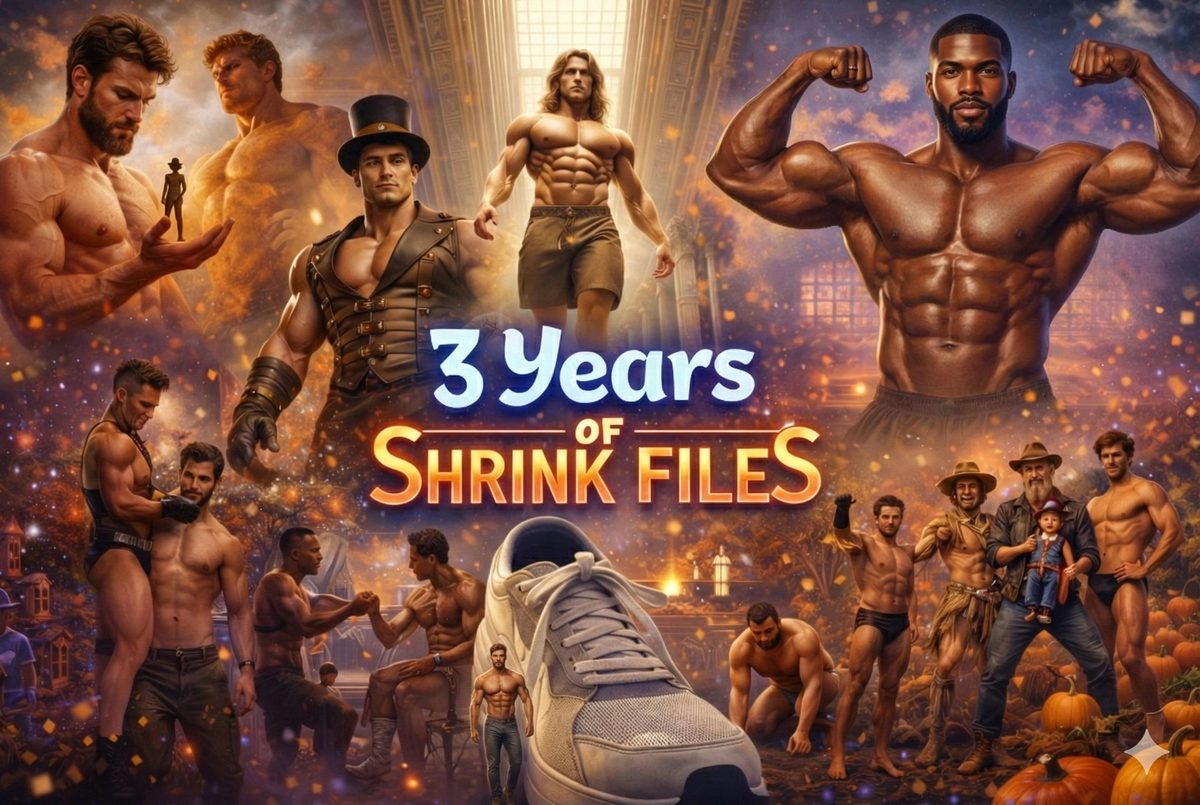 3 Years of Shrink Files collage of muscular giants, tiny men and a giant trainer, some men in underwear
