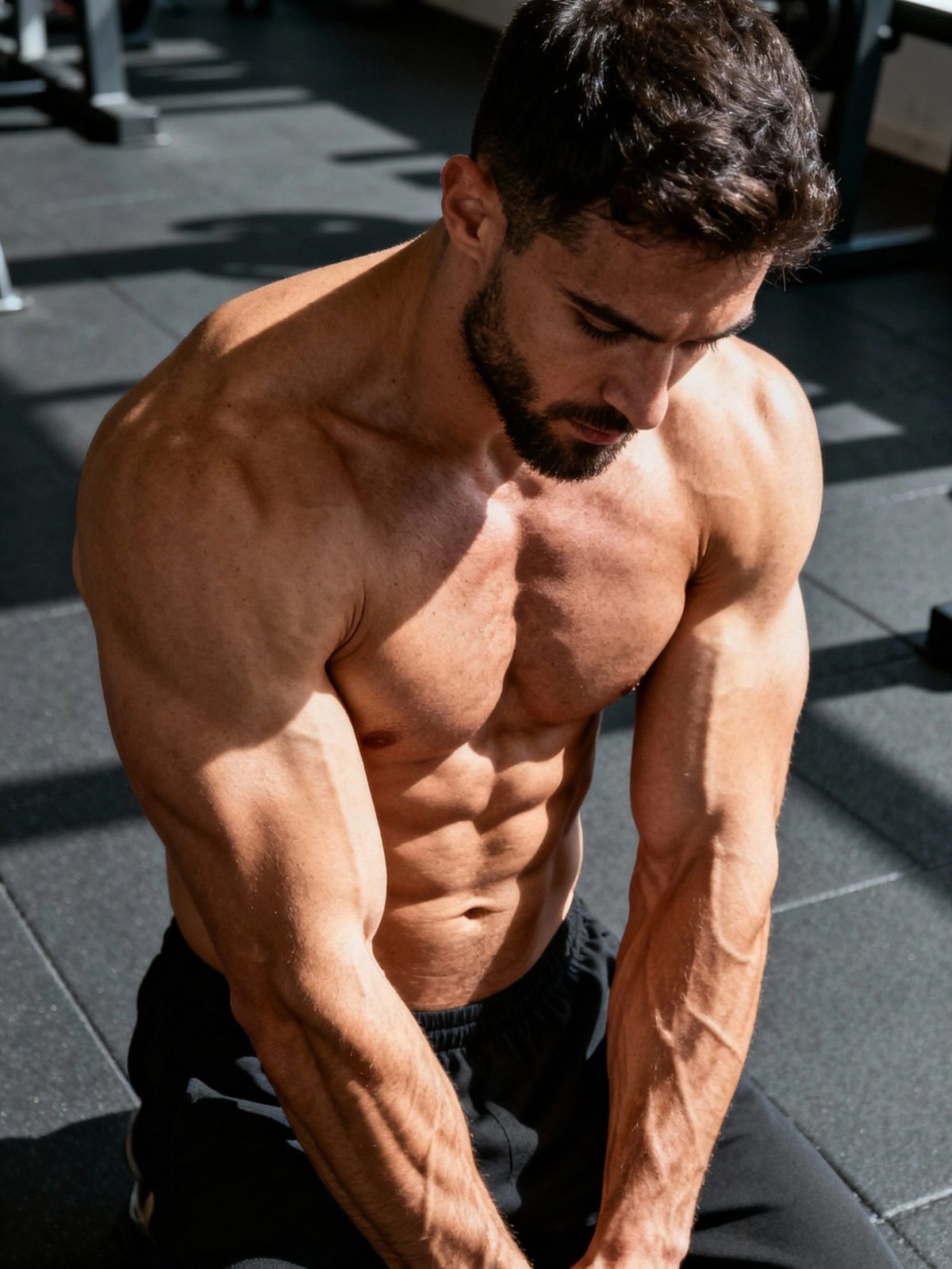 A shirtless muscular bearded man kneeling on a gym floor, looking down