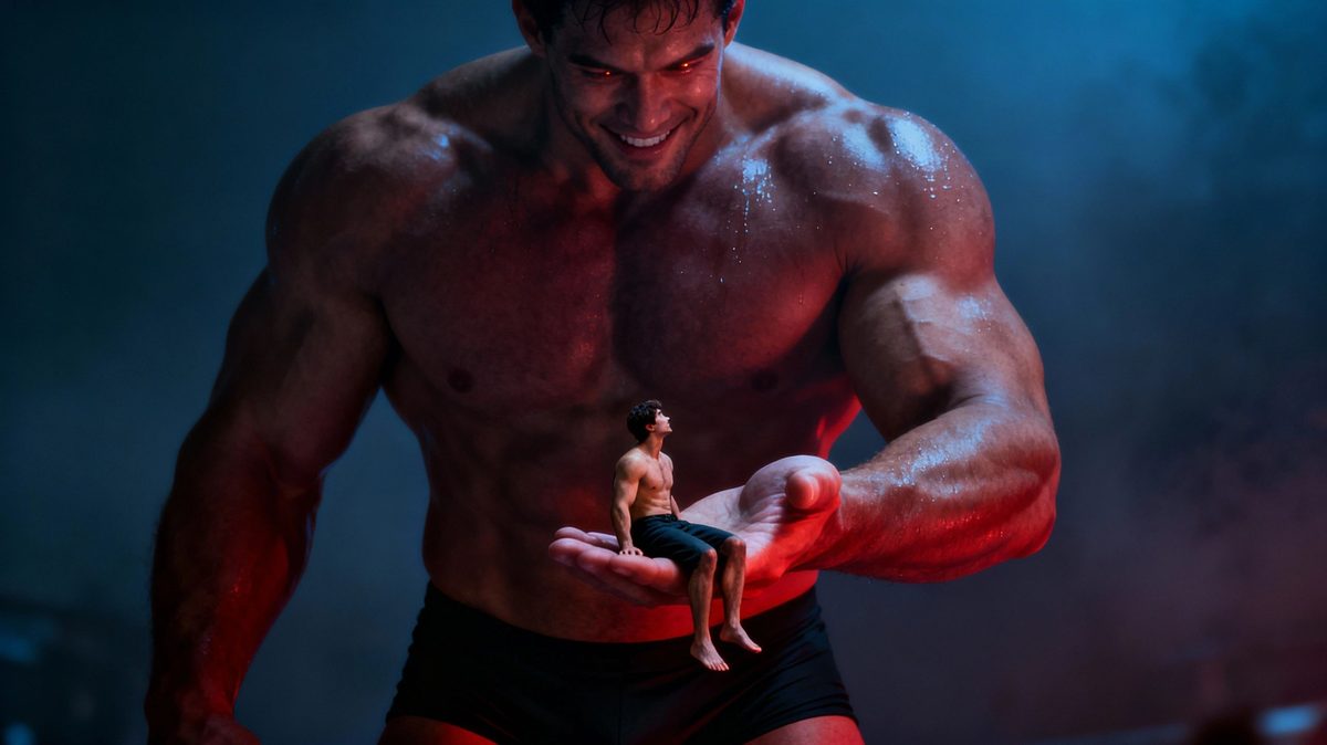 A grinning giant shirtless man in red light holding a tiny man in shorts in his palm