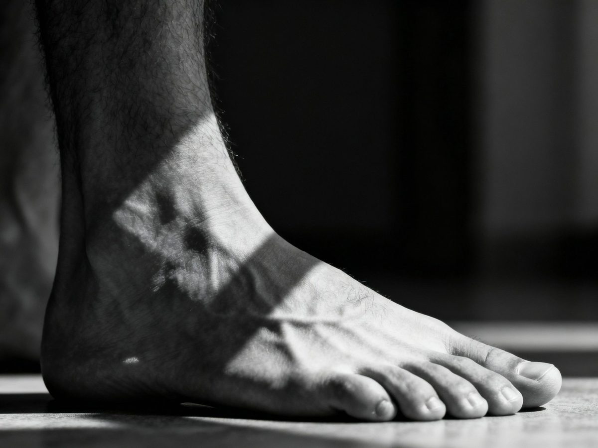 Black-and-white close-up of a man's bare foot on a floor