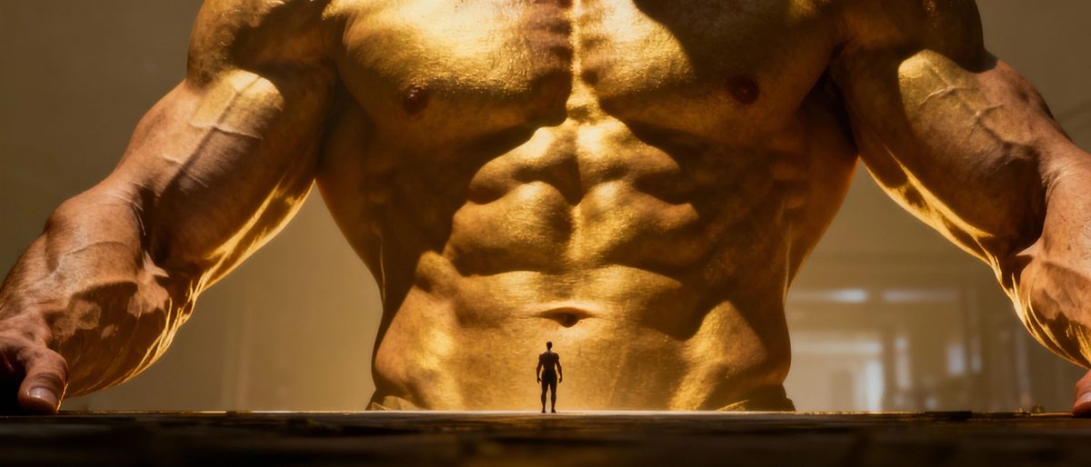 A giant golden muscular torso towering over a tiny silhouetted man