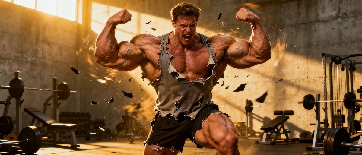 A muscular man roaring as his vest tears apart from muscle growth in a gym