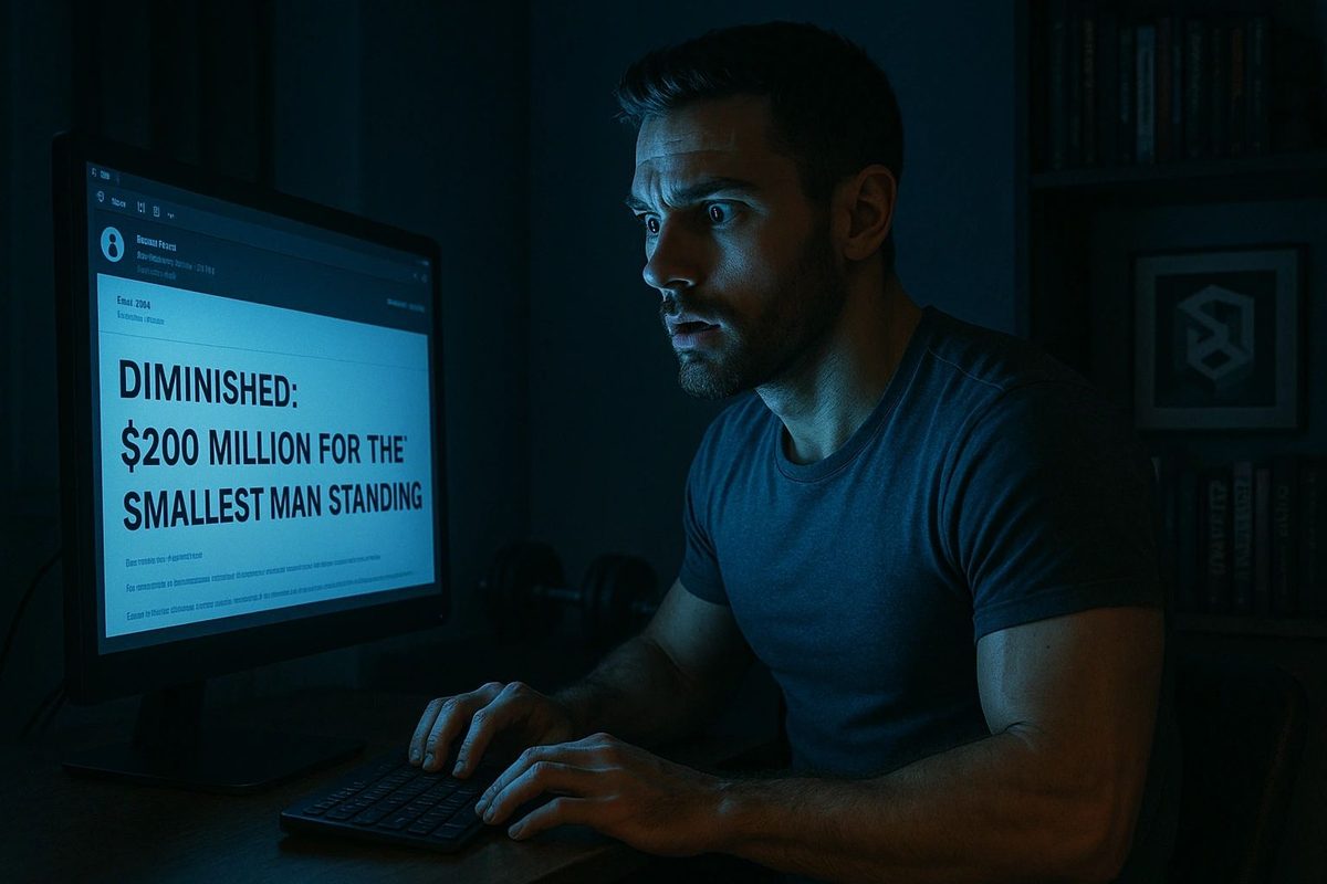 A man at a computer in the dark reading DIMINISHED: $200 million for the smallest man standing