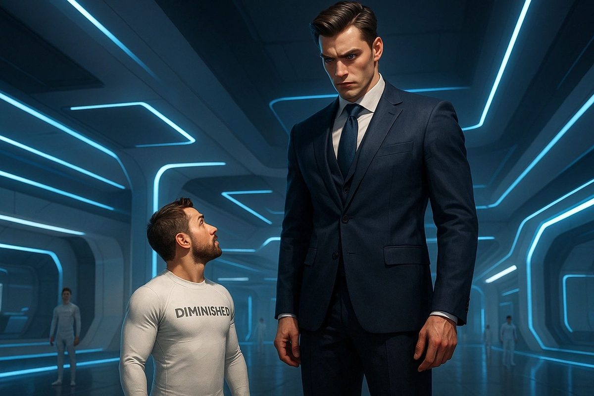 A tall man in a dark suit towering over a shorter man in a DIMINISHED top in a futuristic corridor
