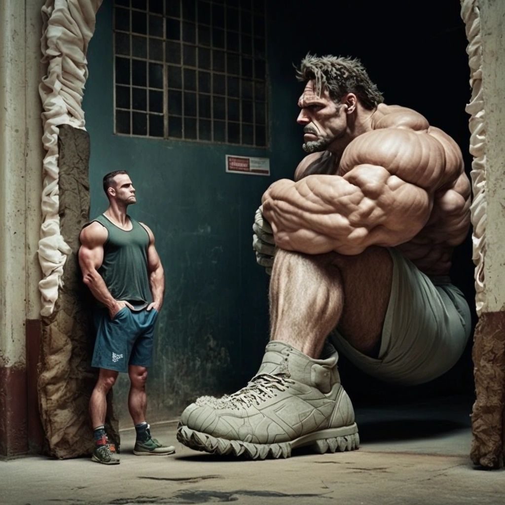A hulking giant muscle man crouched in a doorway beside a normal-sized man in a vest and shorts