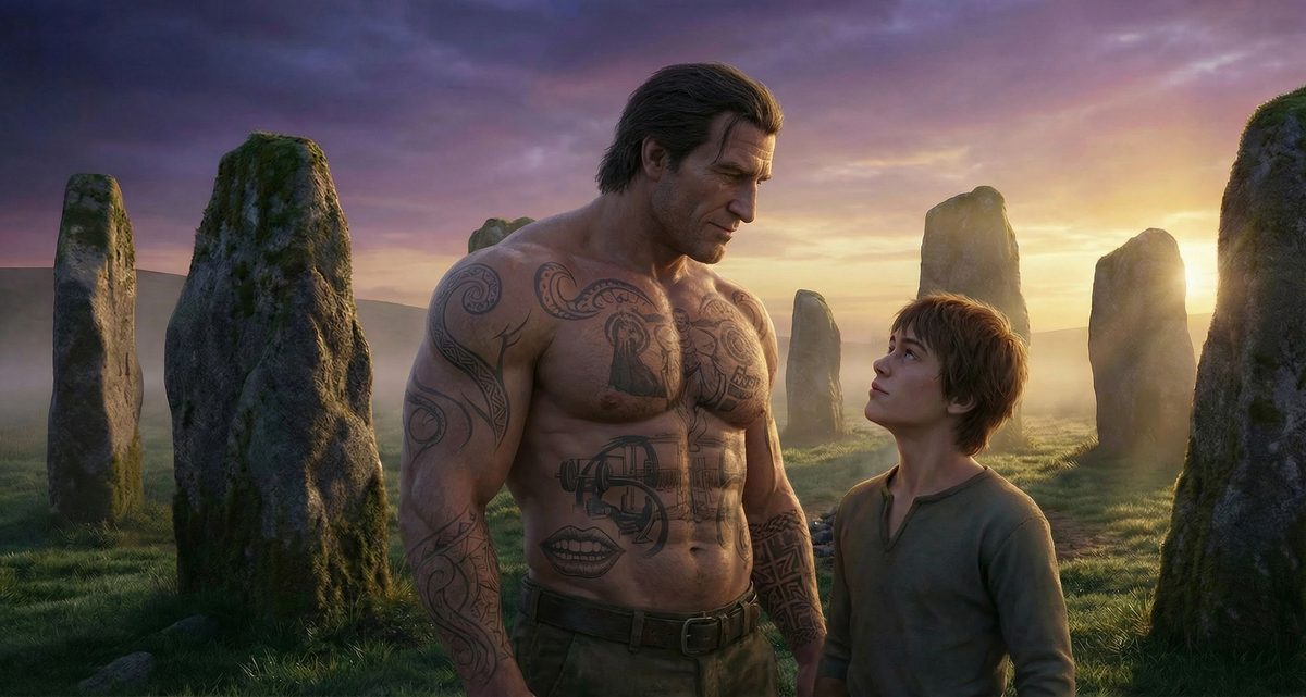 A tattooed shirtless muscular man and a smaller man among standing stones at sunset