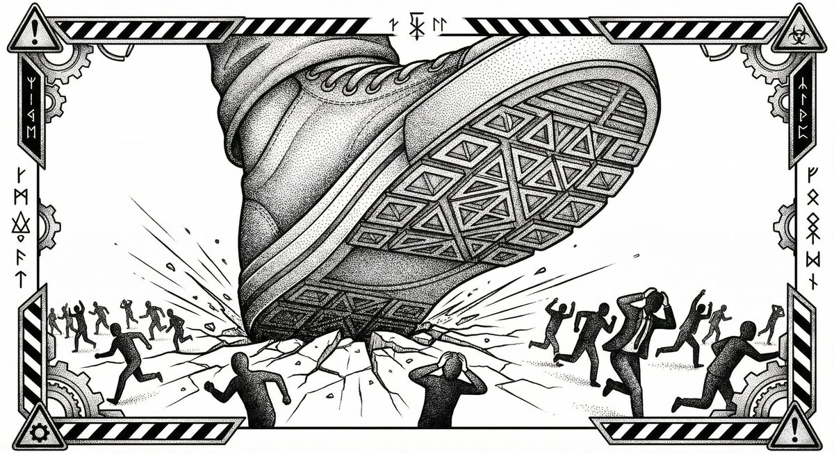 Ink drawing of a giant trainer stomping down as tiny people flee