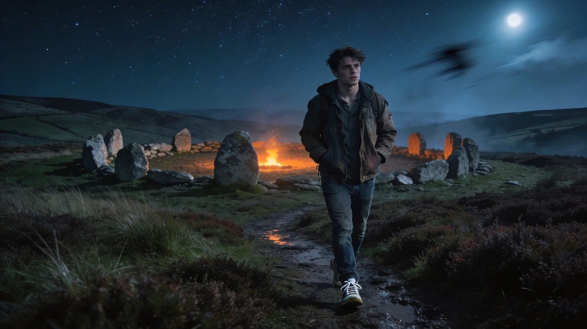 A man in a jacket walking across moorland at night towards a stone circle lit by fires