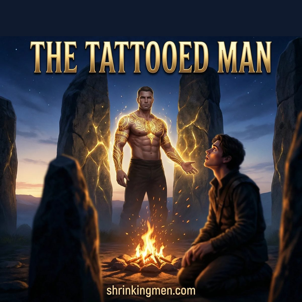 The Tattooed Man: a glowing tattooed man by a campfire in a stone circle, a man kneeling before him