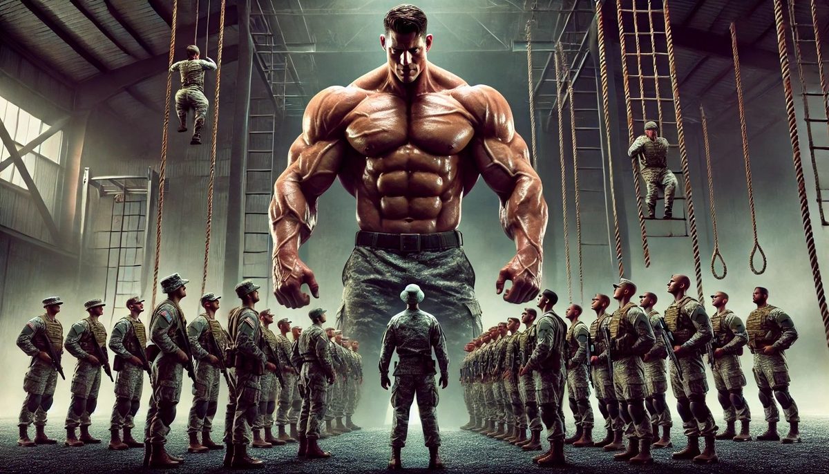 Artistic depiction of a giant man towering over rows of tiny men, illustrating extreme height difference and size play.An illustration of size play: a towering muscular giant dwarfs lines of tiny men beneath him.