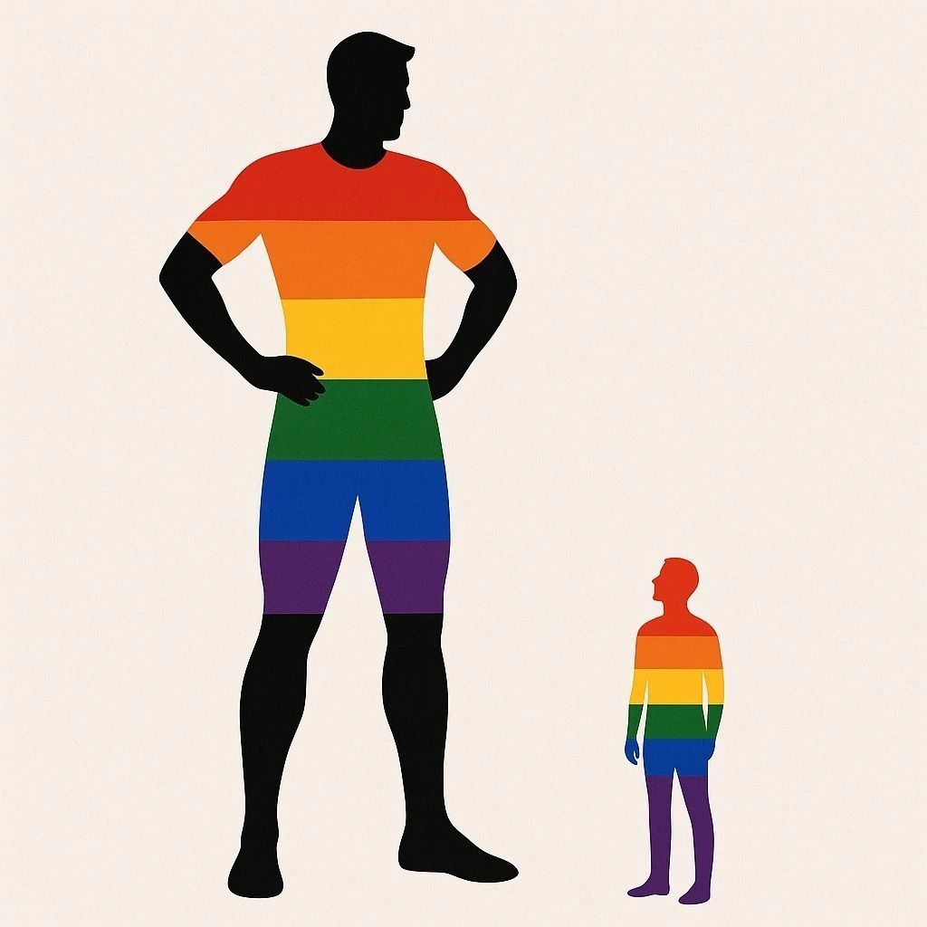 Rainbow pride-coloured silhouettes of a giant man and a tiny man side by side