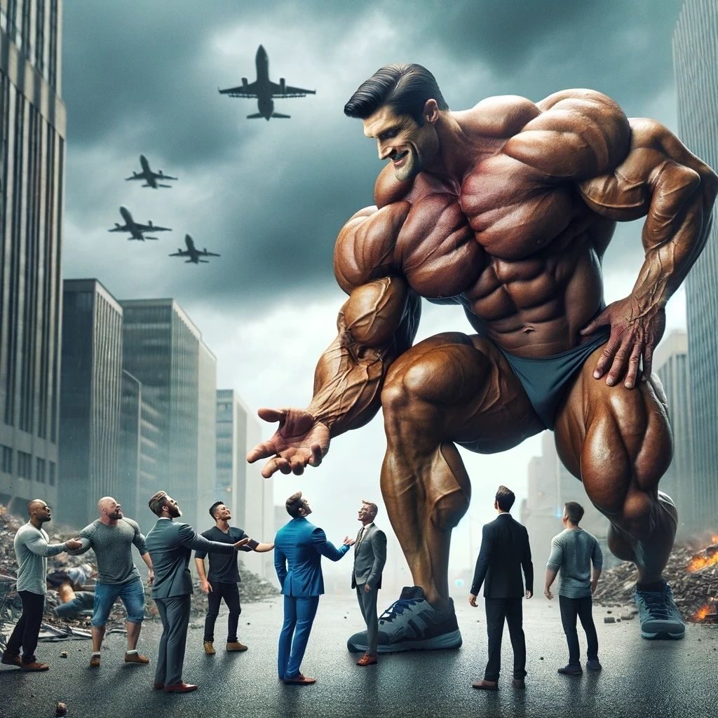 A giant grinning bodybuilder in blue briefs reaching down to tiny men in a ruined city street