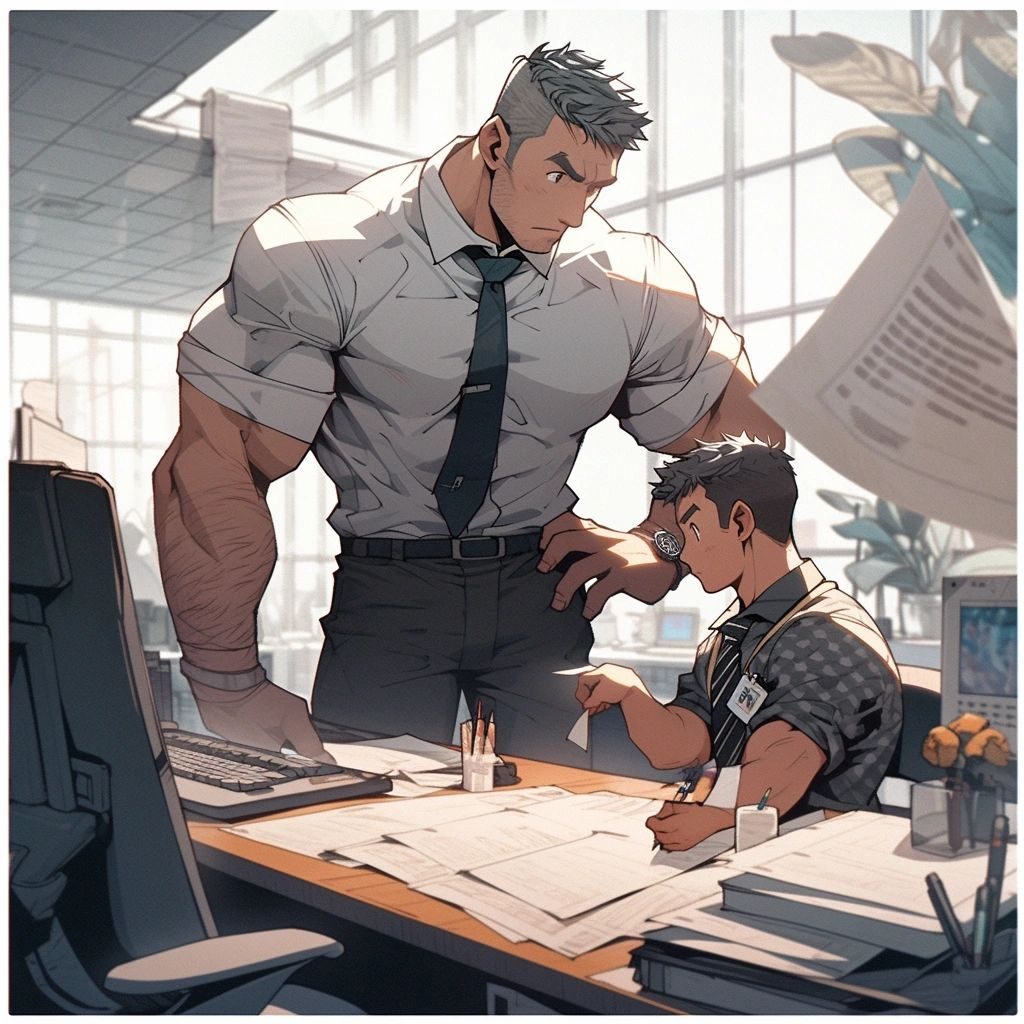 Large muscular businessman towers over smaller man
