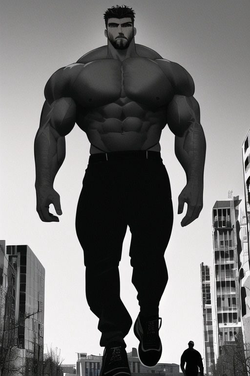 A giant muscle man stomps through a city